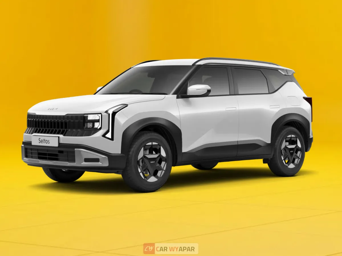 : Front three-quarter view of a white Kia Seltos HTK variant on a yellow background, highlighting the "Tiger Nose" grille.